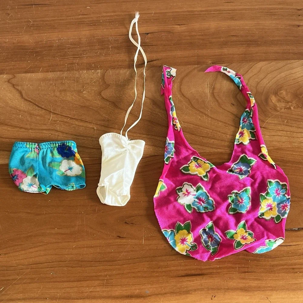Vintage 1987 Island Fun Barbie Swimsuit‎  & Wrap Skirt & Island Fun Ken Shorts